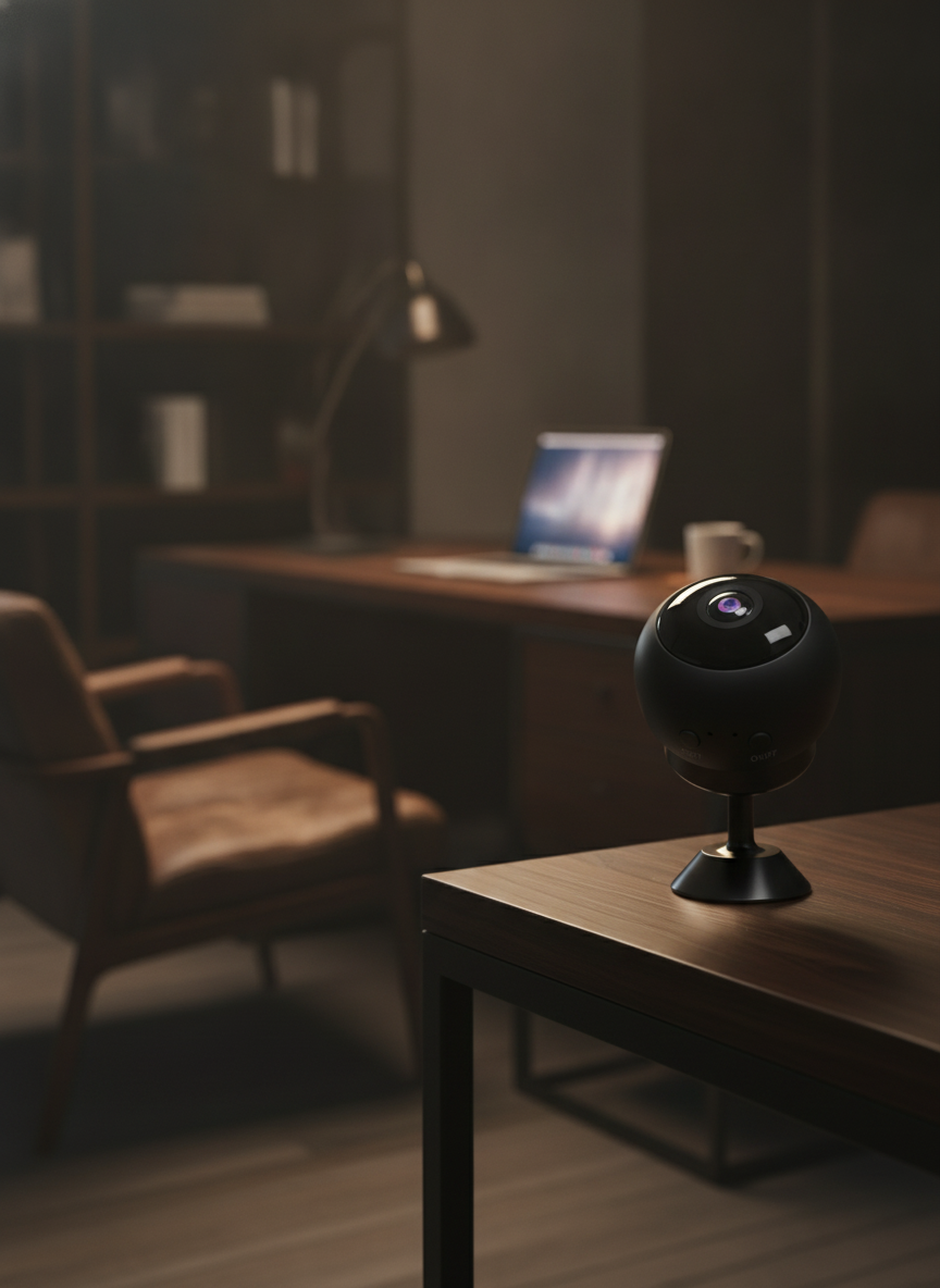 NovaWell Mini WiFi Security Camera on a desk in a modern home office